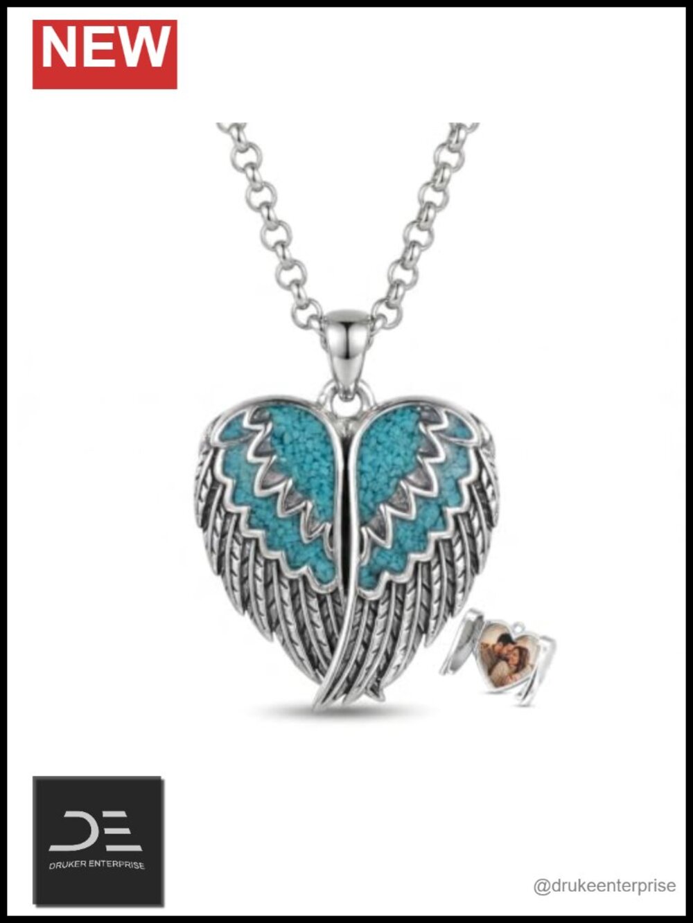 14K White Gold Plated Angel Wings Heart Photo Locket Necklace 22-24in Memorial